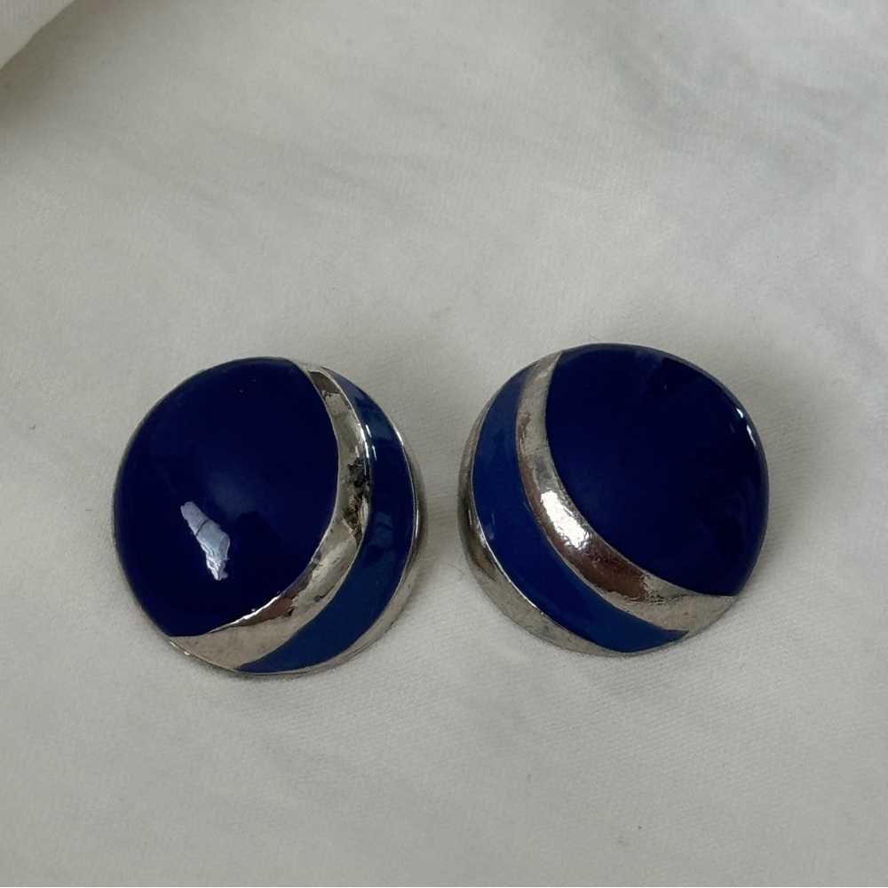 Blue silver button earrings